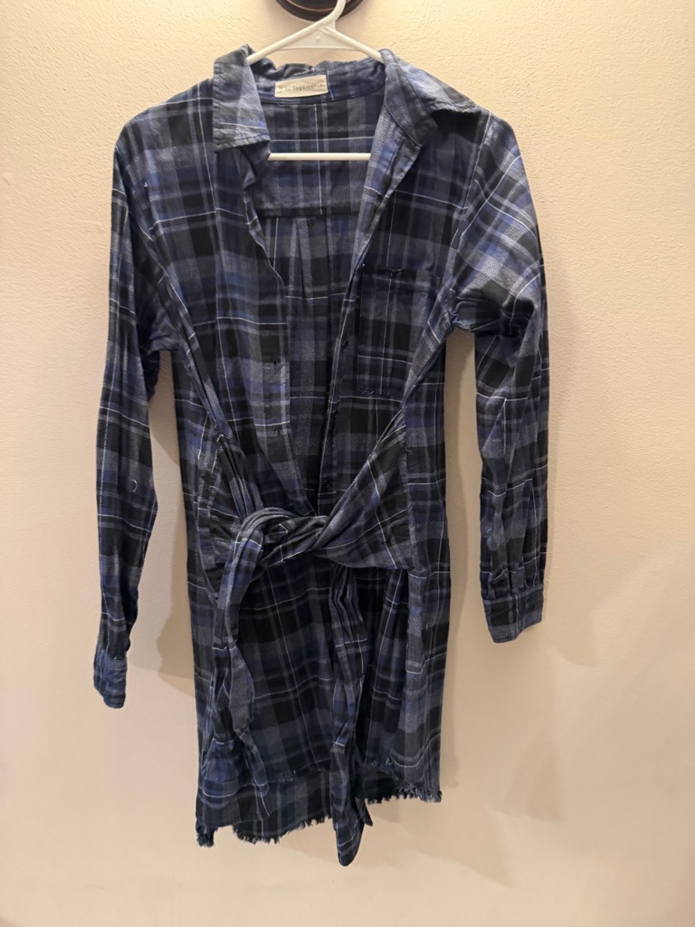 By Together Blue Black‎ Plaid Tie Front Shirt Dress Long Sleeve Frayed Hem Small